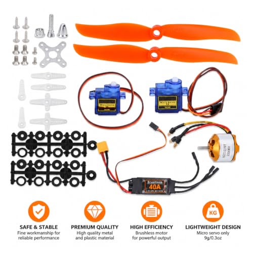 RC Plane Motor Kit, SG90 Servo 2212 KV2200 Brushless Motor 6035 Propeller RC Remote Control Aircraft 40A XT60T Fixed Wing Plane for RC Plane Helicopter
