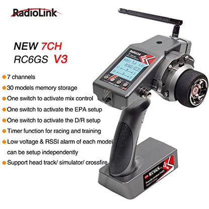 DTXMX RC6GS V3 7CH RC Transmitter & R7FG Receiver for Cars, Boats Radiolink | Gyro Receiver 7 Channels 2.4Ghz | Voltage Telemetry | 30 Models Storage
