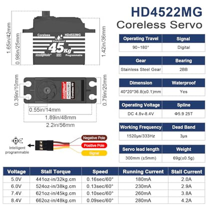 HobbyPark 45kg Servo High Torque Waterproof RC Steering Servo Metal Gear Digital Servo Stainless Steel Gears for 1/7 1/8 1/10 RC Crawler Car Truck Buggy Powerful & Fast (Coreless Motor)