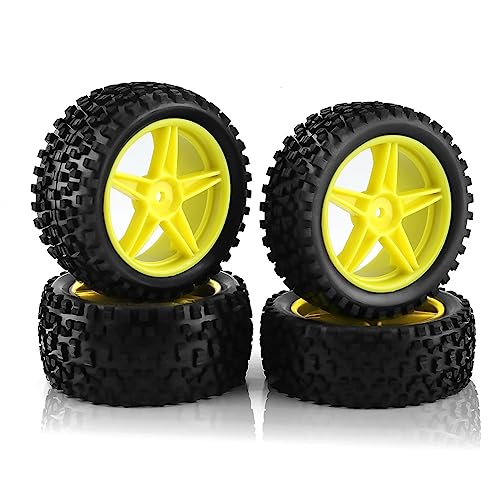 1/10 RC Off Road Tires and Wheels Rims 12mm Hex Set Front and Rear 87mm Rubber Buggy Tyres Foam Inserts for 1:10 Off-Road Car HSP Kyosho HPI Tamiya HSP 94107 94166 94106 94155 4PCS (Yellow) - color: Yellow