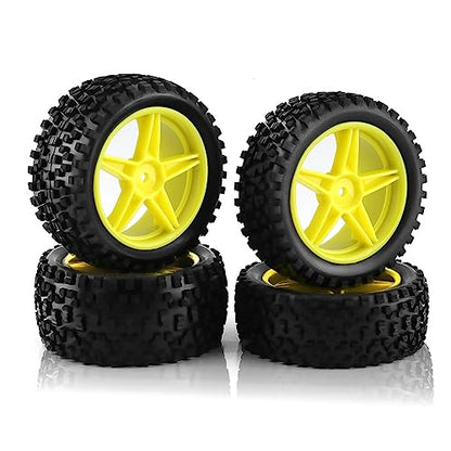 1/10 RC Off Road Tires and Wheels Rims 12mm Hex Set Front and Rear 87mm Rubber Buggy Tyres Foam Inserts for 1:10 Off-Road Car HSP Kyosho HPI Tamiya HSP 94107 94166 94106 94155 4PCS (Yellow) - color: Yellow