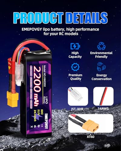 11.1V Lipo Battery Pack 3S 2200mAh 50C with XT60 Plug for FPV Drone Quadcopter RC Airplane Aircraft(2 Packs) - color: XT60-2