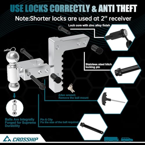 Adjustable Trailer Hitch - Heavy Duty Aluminum Drop Drawbar Hitch - Fits 2" Receiver, 8" Drop/Rise with 2" & 2-5/16" Solid Dual Balls 12,500 LBS GTW- for Truck, SUV, RV - color: Silver, size: 2" 8 Drop-Dual Ball