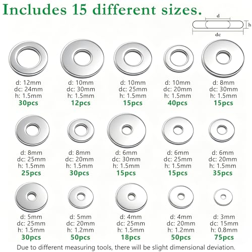 455PCS 304 Stainless Steel Fender Washer Assortment Kit, Washers for Bolts, 15 Metric Sizes Fender Washers for Screws -M3, M4, M5, M6, M8, M10, M12 for Home & Industrial Usage - size: M3-M12 (455PCS), style: Fender Washer