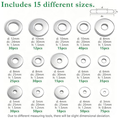 455PCS 304 Stainless Steel Fender Washer Assortment Kit, Washers for Bolts, 15 Metric Sizes Fender Washers for Screws -M3, M4, M5, M6, M8, M10, M12 for Home & Industrial Usage - size: M3-M12 (455PCS), style: Fender Washer