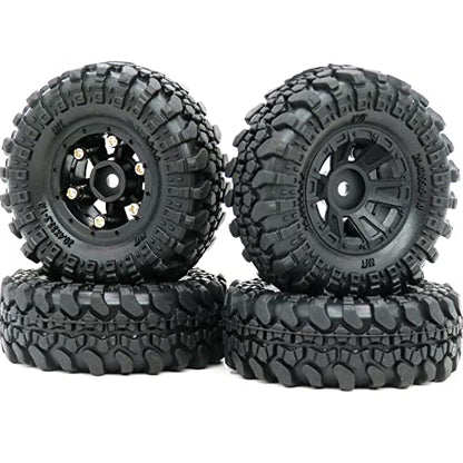 HOBBYSOUL 1.0 Crawler Tires Mounted on 1.0 Beadlock Wheels 7mm Hex, SCX24 Tires and Wheels (with Heavy Duty Metal Middle Rings, 21g/Ring) for 1/24 RC Crawler Axial SCX24 90081 AXI00001, (4-Pack)