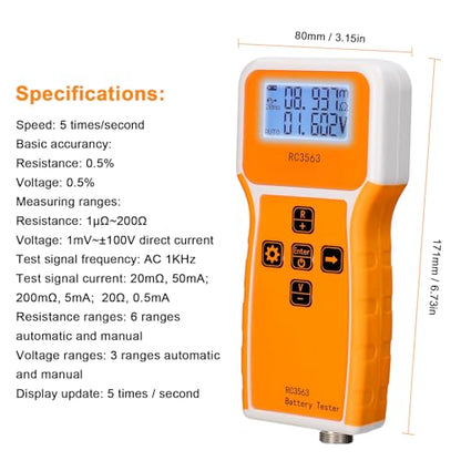 Battery Tester, 200Ω 100V Portable Battery Internal Resistance Voltage Tester 3-Digit Display Battery Tester High-Precise True Four-Wire AC Lithium Lead-Acid Lithium Battery Detector