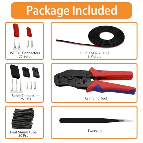 50 Sets JST Servo Connectors Male Female Crimp Pin and Cable Kit with Crimping Tool Compatible for Hitec, Futaba, Spektrum Model Airplanes and RC Cars