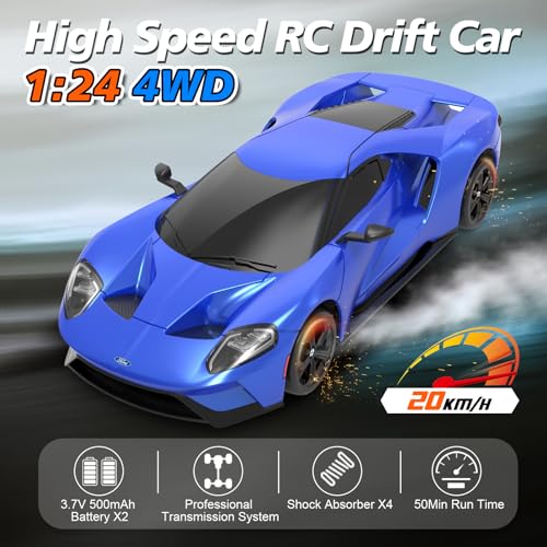 YONCHER RC Drift Car, Remote Control Car for Kids Ford GT Officially Licensed, 1:24 20KM/H 4WD RC Cars with Lights, Fast Racing Toy Car for Boys Girls, Blue - color: Gt Blue