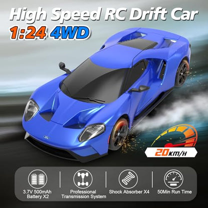 YONCHER RC Drift Car, Remote Control Car for Kids Ford GT Officially Licensed, 1:24 20KM/H 4WD RC Cars with Lights, Fast Racing Toy Car for Boys Girls, Blue - color: Gt Blue