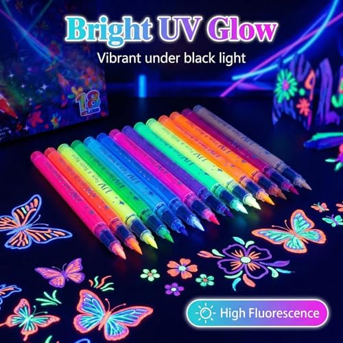 18 Packs Glow in the dark Party Supplies UV Neon Body Paint Pen,Washable Temporary Tattoo Markers for Holiday Glow Party Favors Bar Birthday Hawaii Concert Halloween Makeup Raves