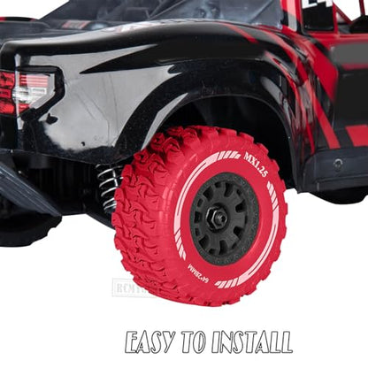 RC MX1.25 RC Truck Wheel Tires for Traxx as/Mojave GROM 223S 4x4 RTR,14301 14302 14303,Tamiya Kyosho HPI 1/14-1/18 Scale On/Off Road,RC Monster Truck Car Wheels,Black-Red - color: Black-red(rc Wheels Tires)