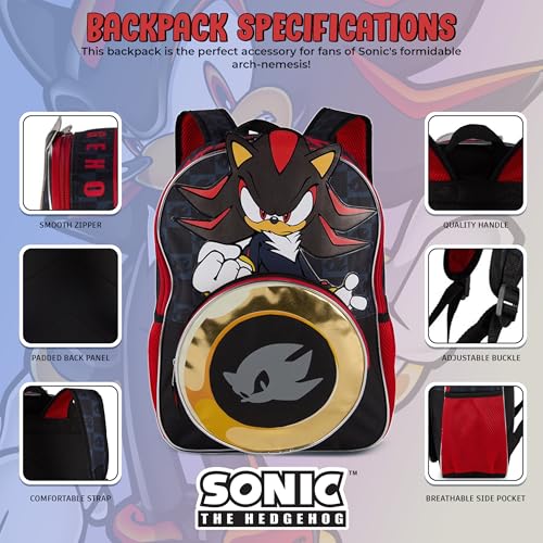 AI ACCESSORY INNOVATIONS Sonic The Hedgehog Backpack for Boys & Girls, Shadow 16 Inch Schoolbag with Die-cut Metallic Gold Ring Pocket, Black - color: Shadow Rings
