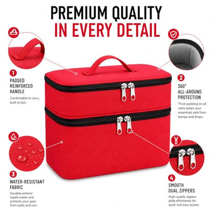Bevegekos 2-Layer Carrying Case for Toniebox Gen 1 & 2, Holds 25+ Figures | EPE foam padded, 2 velcro dividers, fits headphones & charging station, adjustable strap, ideal for travel and daily use - color: Red