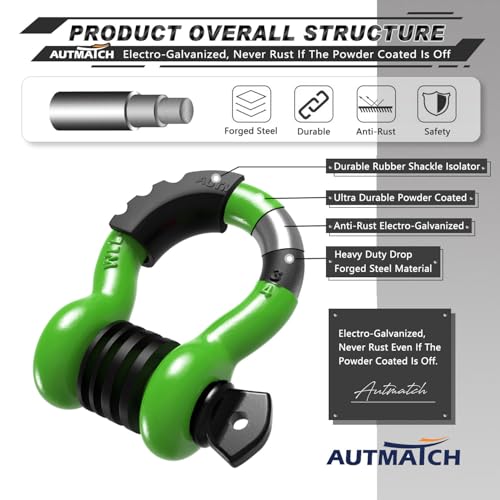 AUTMATCH 3/4" D Ring Shackles (2-Pack) - 41,887 lbs Break Strength | Heavy Duty Clevis Shackle with 7/8" Pin & Isolator Washer Kit for Tow Strap, Winch, Towing & Off-Road Vehicle Recovery, Green - color: Green & Black