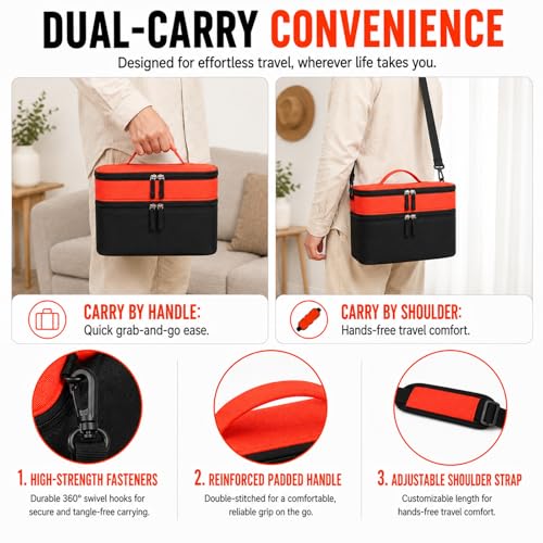 Bevegekos 2-Layer Carrying Case for Toniebox Gen 1 & 2, Holds 25+ Figures | Top tray + deep bottom fit audio box, charging station & headphones; water-resistant 600D shell with EPE foam padding inside - color: Black/Orange