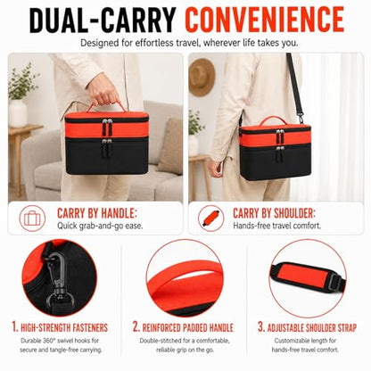 Bevegekos 2-Layer Carrying Case for Toniebox Gen 1 & 2, Holds 25+ Figures | Top tray + deep bottom fit audio box, charging station & headphones; water-resistant 600D shell with EPE foam padding inside - color: Black/Orange