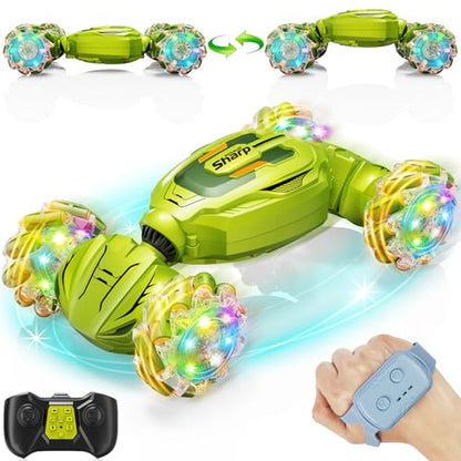 Gesture Sensing RC Stunt Car, Remote Control Car Christmas Birthday Gifts for Kids Age 6-12, 2.4Ghz Hand Controlled Twist Cars, 360° Rotating Off Road Car Toy for Boys Girls Age 6 7 8 9 10 11+(Green) - color: Green
