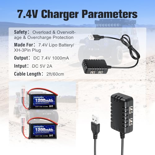 SCX24 Battery 7.4V Lipos 2S 35C(Burst 70C) 1200mAh Rechargeable Lithium Battery with PH2.0 Plug Compatible with Most 1/10, 1/16, 1/18, 1/24 Scale RC Cars Trucks with 1TO2 USB Charger