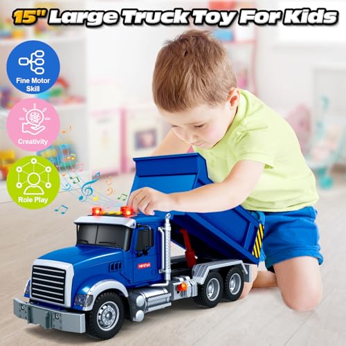 Bstoyder Kids Toys for 3 4 5 6 7 8 Years Old Boys, Large Dump Truck Toy with Lights, Sounds, Blue Toddler Friction Powered Truck Vehicle Toy for Boys Girls Birthday Gifts - style: Dump Truck