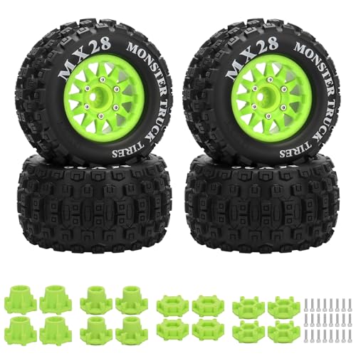2.8" RC Tires with 12mm/14mm Hex Adapter 1/10 Scale RC Truck Tires RC Wheels and Tires Set for Traxxas Arrma Rustler Stampede 4PCS (Green) - Not Glued - color: Green