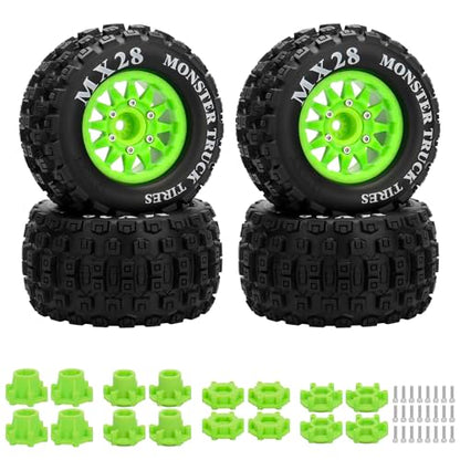 2.8" RC Tires with 12mm/14mm Hex Adapter 1/10 Scale RC Truck Tires RC Wheels and Tires Set for Traxxas Arrma Rustler Stampede 4PCS (Green) - Not Glued - color: Green