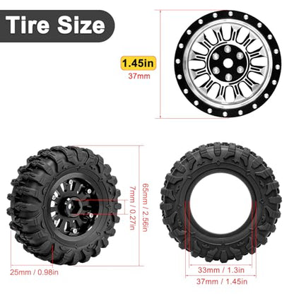 LRFHL 1.3" Beadlock Wheel Tires Aluminum for SCX24 TRX4M, 4PCS, Silver | Upgraded 1.45-inch Wheel, 1/24 SCX24 1/18 TRX4M RC Crawler Car Upgrade - color: Black Tires+ Silver Wheels-3