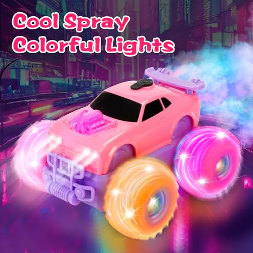 Drefirsa Princess Remote Control Car, Pink Monster Truck Girl Age 4-7 8-12 | DIY Sticker, Colorful Wheel Lights, Headlight, Stunt Car, Mist Spray, Toy for 3 4 5 6 7 8 Year Old Girl Birthday Gift - color: Pink
