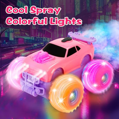 Drefirsa Princess Remote Control Car, Pink Monster Truck Girl Age 4-7 8-12 | DIY Sticker, Colorful Wheel Lights, Headlight, Stunt Car, Mist Spray, Toy for 3 4 5 6 7 8 Year Old Girl Birthday Gift - color: Pink