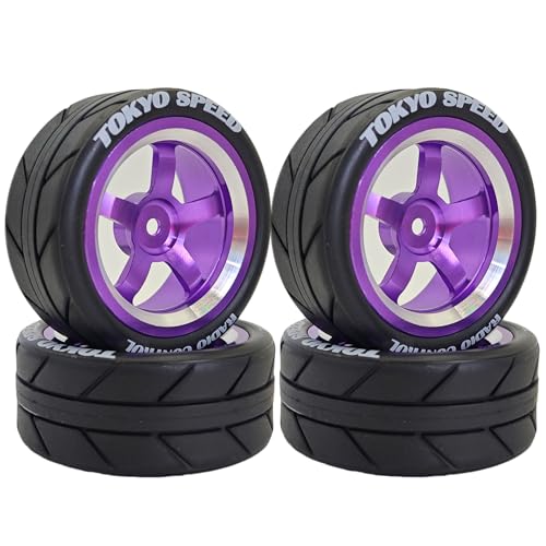 1/10 On Road Racing Tires And 5-Spoke Aluminum Wheels 12mm Hex OD 2.56" RC Touring Tyres For 1:10 Rally Street Drift Car Tamiya TT01 TT02 XV01 A959 PTG2 KYOSHO HSP Traxxas 4PCS (Purple) - color: Purple