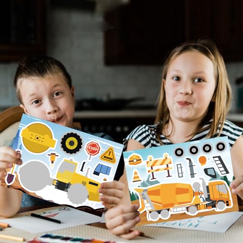 24 Sheets Make Your Own Construction Vehicle Stickers, Make-a-face Stickers | Engineering Vehicles Stickers for Kids Boys, Fire Trucks Excavator Construction for Kids Construction Themed Party Favors - style: Construction Vehicle