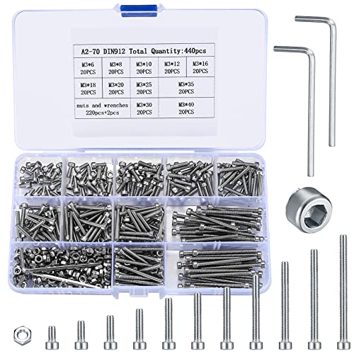 440 Pcs M3 Small Metric Screws with Nuts, Hex Socket Head Cap and Nut Assortment Kits, Stainless Steel Replacement Machine Fastener Screws and Bolts Nuts (440Silver) - color: 440Silver
