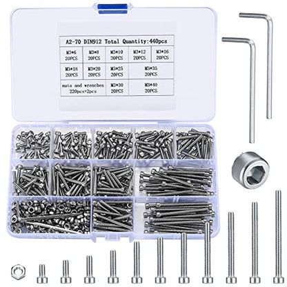 440 Pcs M3 Small Metric Screws with Nuts, Hex Socket Head Cap and Nut Assortment Kits, Stainless Steel Replacement Machine Fastener Screws and Bolts Nuts (440Silver) - color: 440Silver