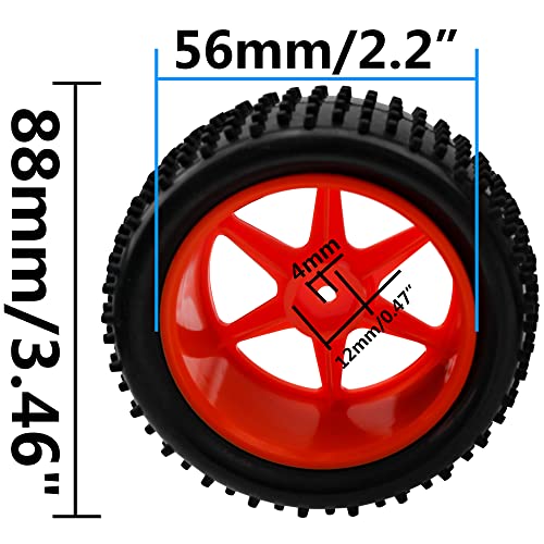 12mm Hex Plastic Wheel Rims & OD 88mm/3.46" Rubber Tire Front Rear Tyre Compatible with Redcat HPI HSP ExceedRC Kyosho Losi 1/10 Scale Off Road Buggy (Red) - color: Red
