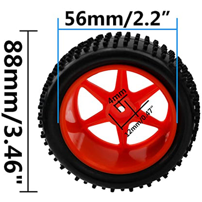 12mm Hex Plastic Wheel Rims & OD 88mm/3.46" Rubber Tire Front Rear Tyre Compatible with Redcat HPI HSP ExceedRC Kyosho Losi 1/10 Scale Off Road Buggy (Red) - color: Red