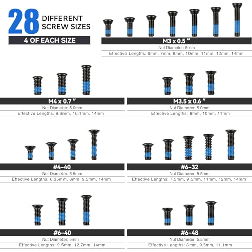 VOTATU Red Dot Mounting Screws Kit - 112 Pcs (28 Sets) Gunsmithing & Optics Screws, Include M3/M3.5/M4/#6-32/#4-40/#6-40/#6-48 (4 Pcs/Set) for Red Dot Sight & Plate Mounting