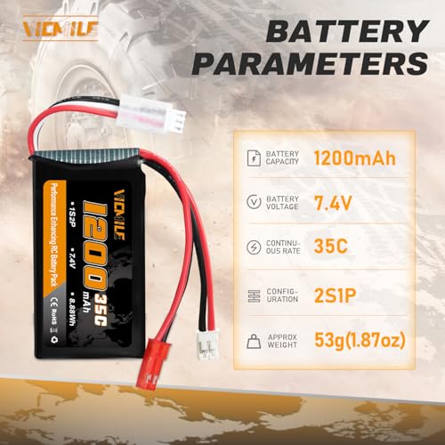 SCX24 Battery 7.4V 1200mAh Lipo Battery 2S 35C(Burst 70C) with PH2.0 JST Plug Fit for SCX24 RC Car WLtoys A949 A959 A969 A979 K929 and Most 1/10 1/16 1/18 1/24 RC Truck