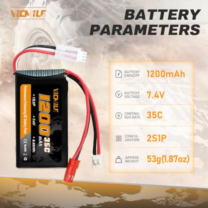 SCX24 Battery 7.4V 1200mAh Lipo Battery 2S 35C(Burst 70C) with PH2.0 JST Plug Fit for SCX24 RC Car WLtoys A949 A959 A969 A979 K929 and Most 1/10 1/16 1/18 1/24 RC Truck