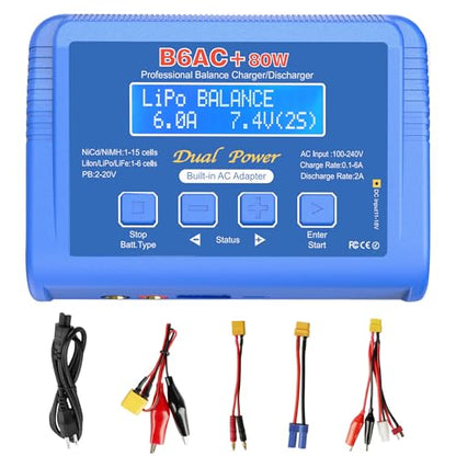 B6AC 80W Lipo Battery Balance Charger 6A Discharger, RC Hobby LiPo/Li-ion/Life NiMH/NiCd Digital Battery Balance Charger with AC Power Supply - color: blue