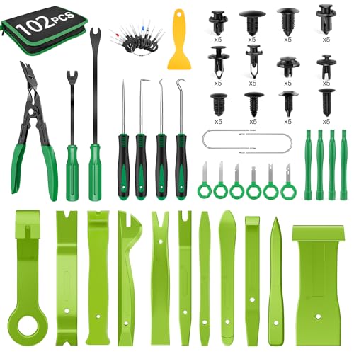 GOOACC 102Pcs Trim Removal Tool, Auto Push Pin Nylon Bumper Retainer Clip Set Fastener Terminal Remover Tool Round Handle Crowbar Kit Car/Radio Panel, Green - color: 102Pcs Clips+ Remover Green, size: Clips+Remover