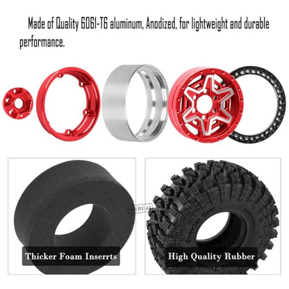 1.9 Wheels and Tires for 1/10 TRX4 TRX6 SCX10 SCX10 II 90046 SCX10 III AXI03007 SCX10 Pro Gen7/8 D90 VS4-10 MST CFX RC Crawler Car,Aluminium RC 1.9 Beadlock Wheels and Rubber Tires,Red - color: Red - (4pcs Wheels and Tires)