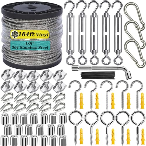 1/8" Wire Rope Kit with M5 Turnbuckles - 164FT Vinyl Coated Stainless Steel Cable, 7x7 Braided Strands Aircraft Cable for Climbing Plants, Outdoor String Lights Hanging - size: 164 ft