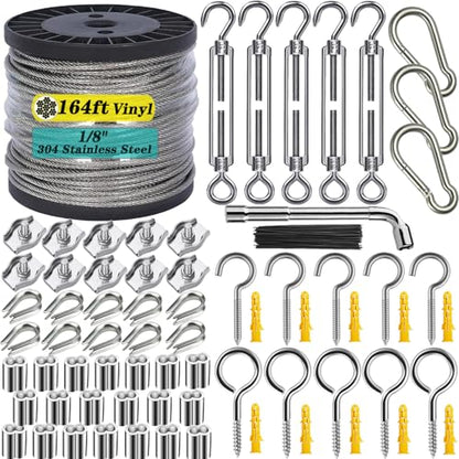 1/8" Wire Rope Kit with M5 Turnbuckles - 164FT Vinyl Coated Stainless Steel Cable, 7x7 Braided Strands Aircraft Cable for Climbing Plants, Outdoor String Lights Hanging - size: 164 ft