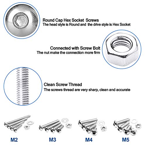 NINDEJIN Metric Button Head Socket Cap Screw Bolts & Flat Washers & Nuts Assortment Kit M2 M3 M4 M5 Stainless Steel Machine Screws Set and Wrench, 880 PCS - size: 880 Hex Round Head Socket Screws Nuts