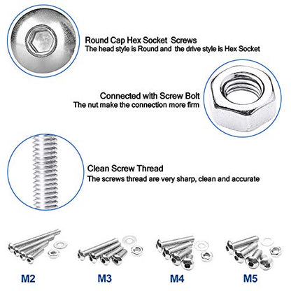 NINDEJIN 880 PCS M2 M3 M4 M5 Hex Socket Button Head Screws Bolts Nuts Kit | 304 Stainless Steel, Machine Screw, Bolts Nuts Flat Washers Wrenches Screw Set, Resistant to Rust, Corrosion, Replace Screws - size: 880 Hex Round Head Socket Screws Nuts