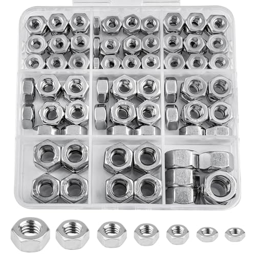 SAE Hex Nuts, 178 Pack 304 (A2-70) Stainless Steel Hardware Nuts | #6-32#8-32#10-24 1/4"-20 5/16"-18 3/8"-16 Standard Inch Coarse Thread Nuts - color: Silver, size: SAE
