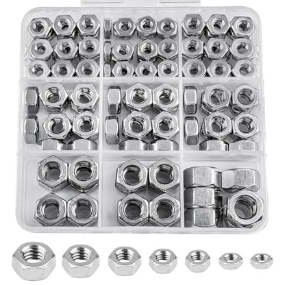 SAE Hex Nuts, 178 Pack 304 (A2-70) Stainless Steel Hardware Nuts | #6-32#8-32#10-24 1/4"-20 5/16"-18 3/8"-16 Standard Inch Coarse Thread Nuts - color: Silver, size: SAE