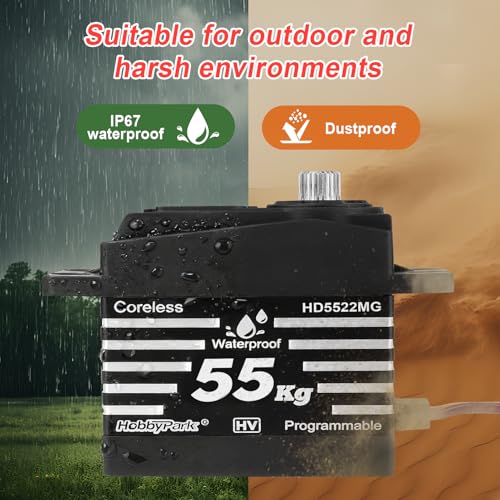 HobbyPark Waterproof RC Servo High Torque 55kg Coreless Motor Standard Size RC Steering Servos HV 4.8-8.4V All Metal Gears for 1/8 1/10 RC Cars Trucks Buggy Robotics Programmable 180°