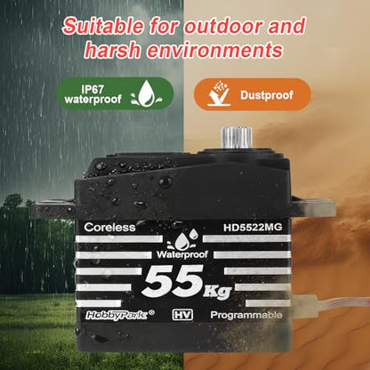 HobbyPark Waterproof RC Servo High Torque 55kg Coreless Motor Standard Size RC Steering Servos HV 4.8-8.4V All Metal Gears for 1/8 1/10 RC Cars Trucks Buggy Robotics Programmable 180°