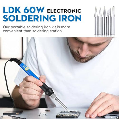LDK 60W Soldering Iron Kit, 110V Soldering Iron with 5 Solder Tips, Solder Wire, Adjustable Temperature Solder Welding Tools, Fast Heating, Electronic Repair, Permanent Jewelry Starter Kit - color: Blue